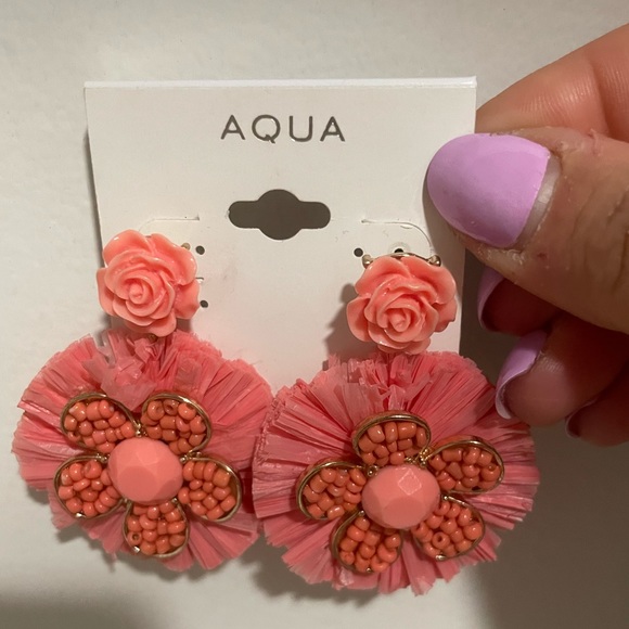 Aqua peach/salmon colored flower drop earrings - Picture 2 of 4